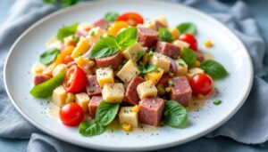 Einfach und doch so lecker: Tomaten-Wurst-Käse-Salat mit Laugenstangen-Würfeln