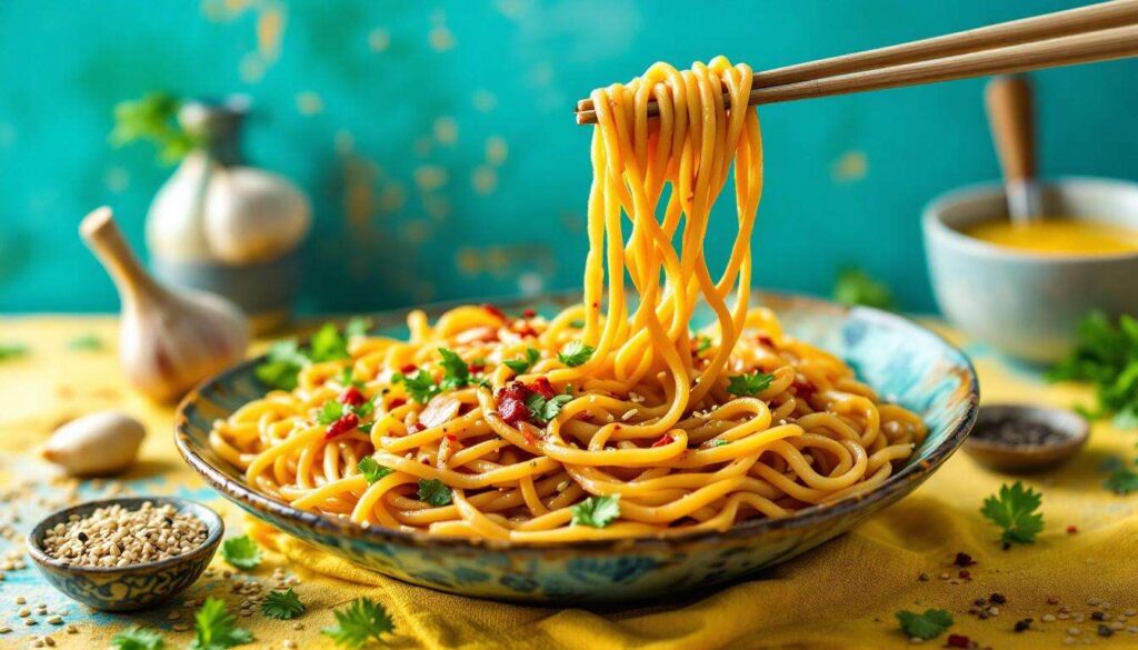 Udon-Nudeln à la Jamie Oliver mit cremig scharfer Knoblauchsoße neu entdecken