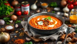 Rezept: Rote Linsen in Tomatensoße mit Kokosmilch und Quark
