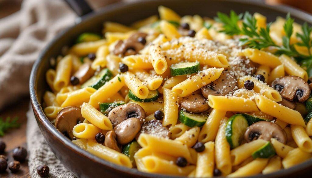 Nudelpfanne mit Champignons und Zucchini: fertig in nur 30 Minuten