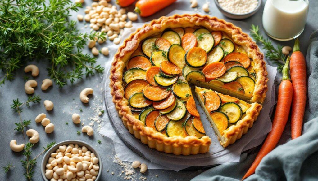 Herzhafte Möhren-Zucchini-Tarte mit Cashewcreme – vegan und richtig knusprig