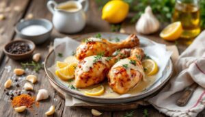 Hähnchenschlegel aus dem Ofen: mit Zitrone, Knoblauch & Thymian in Weißweinsoße