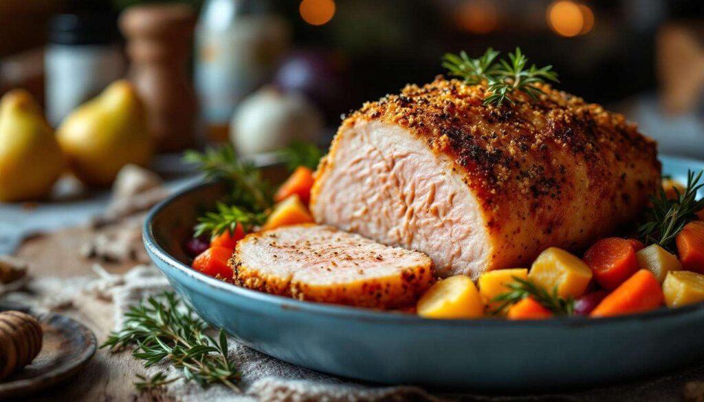 Schweinerollbraten aus dem Ofen – mit knusprigem Ofengemüse und Birnen