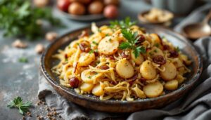 Kartoffel-Sauerkraut-Pfanne mit Kassler – herzhaftes Feierabendessen aus einer Pfanne