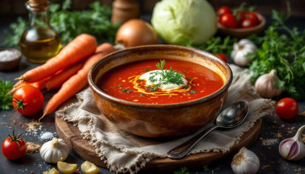 Borschtsch mit Schmand: Rote-Bete-Suppe mit selbst gekochter Gemüsebrühe