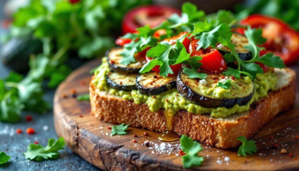 Vegan und schmackhaft: Rezept für eine ehrliche Stulle mit verschiedenem Grillgemüse, Guacamole und Rucola