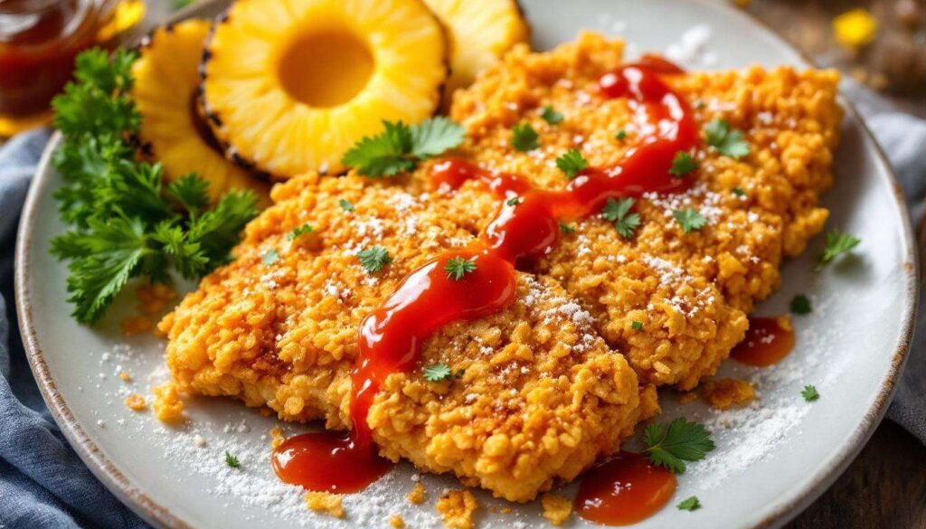 Knusprige Hähnchenbrust in Cornflakes-Panade mit fruchtigem Ananas-Ketchup