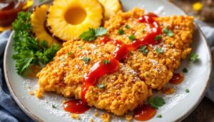 Knusprige Hähnchenbrust in Cornflakes-Panade mit fruchtigem Ananas-Ketchup
