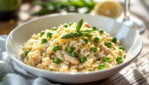 Frühlings-Risotto mit Hähnchen, Spargel und Erbsen – cremig mit Vollkornreis