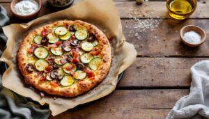Flammkuchen mit Zucchini, Champignons und Speck: knusprig in 20 Minuten