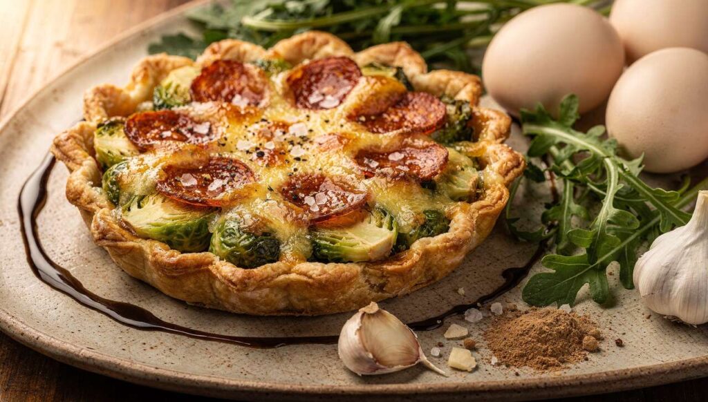 Rezept: Rosenkohl-Tarte mit Chorizo und frischem Feldsalat