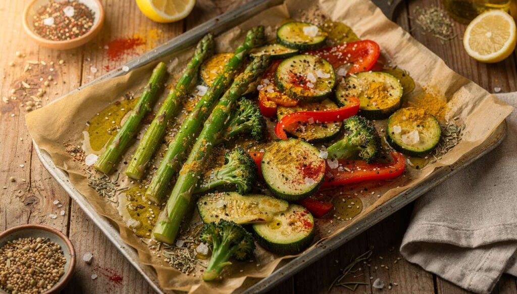 Aromatisches Ofen-Rezept von den Ernährungs-Docs: Orientalisches Gemüse mit Spargel und Broccoliröschen