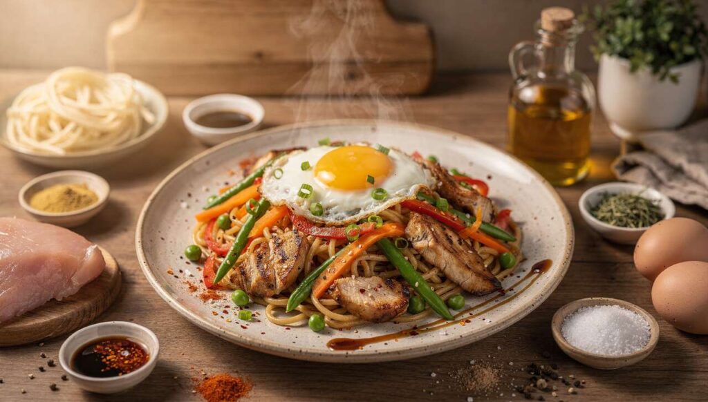 Lust auf Asia-Food? Zu Hause schnell selbst gemacht: Bratnudeln mit Hähnchen, Gemüse und Spiegelei