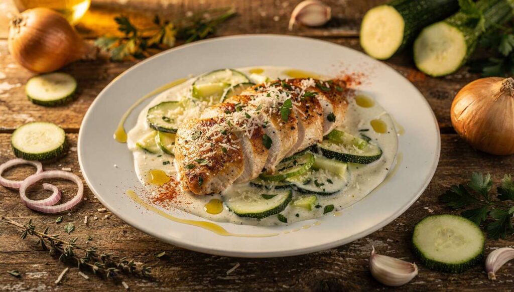 Hähnchenbrust in Zucchini-Sahne-Soße: schnelles Abendessen für die Familie