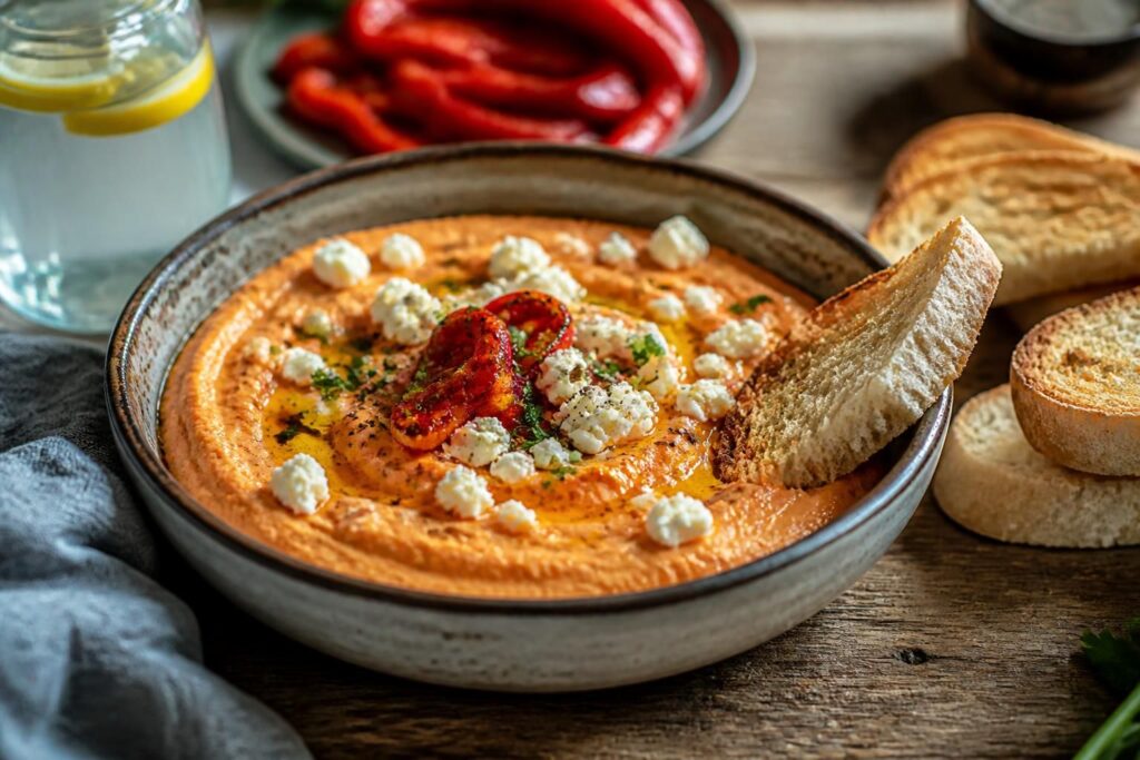 Cremige Feta-Creme mit gerösteter roter Paprika im Mixer zubereitet, serviert mit Fladenbrot und frischen Kräutern