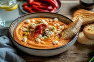Cremige Feta-Creme mit gerösteter roter Paprika im Mixer zubereitet, serviert mit Fladenbrot und frischen Kräutern