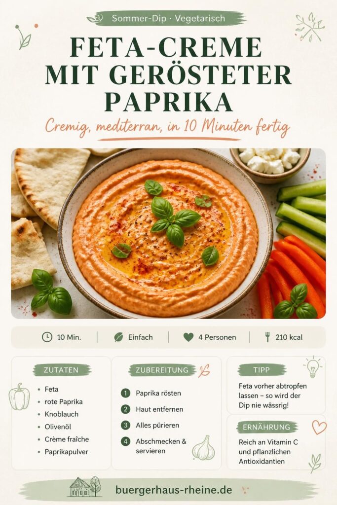 Feta-Creme mit gerösteter Paprika – cremiger Sommer-Dip im Mixer, serviert mit Fladenbrot und Gemüse