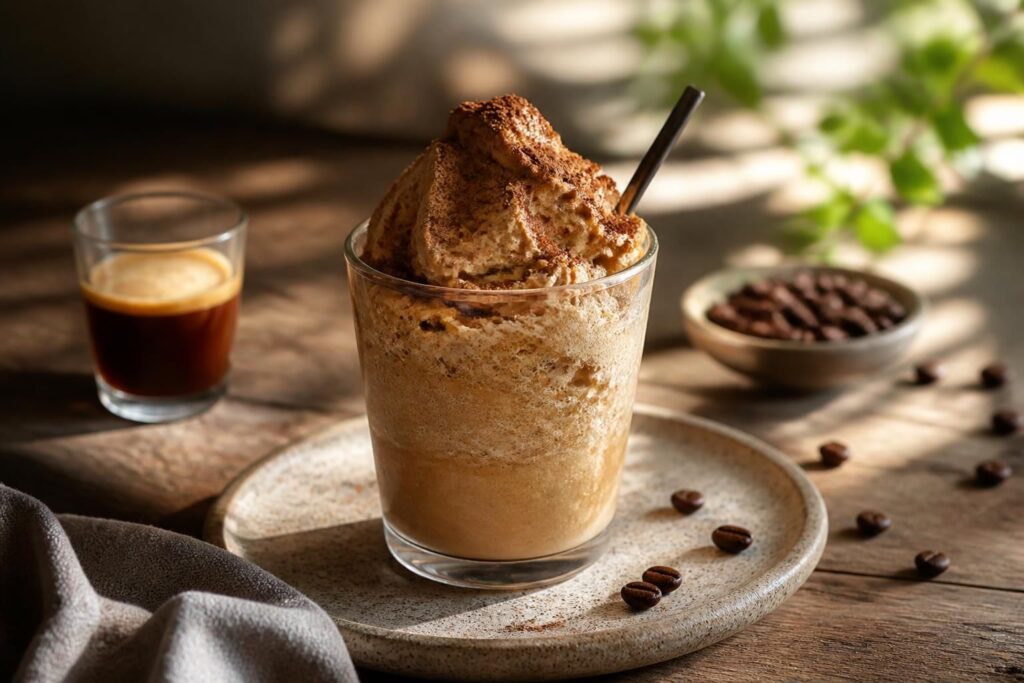 Frozen Cappuccino ohne Eismaschine in einem hohen Glas mit Schlagsahne-Topping und Eiswürfeln, auf einem hellen Holztisch im Sommer