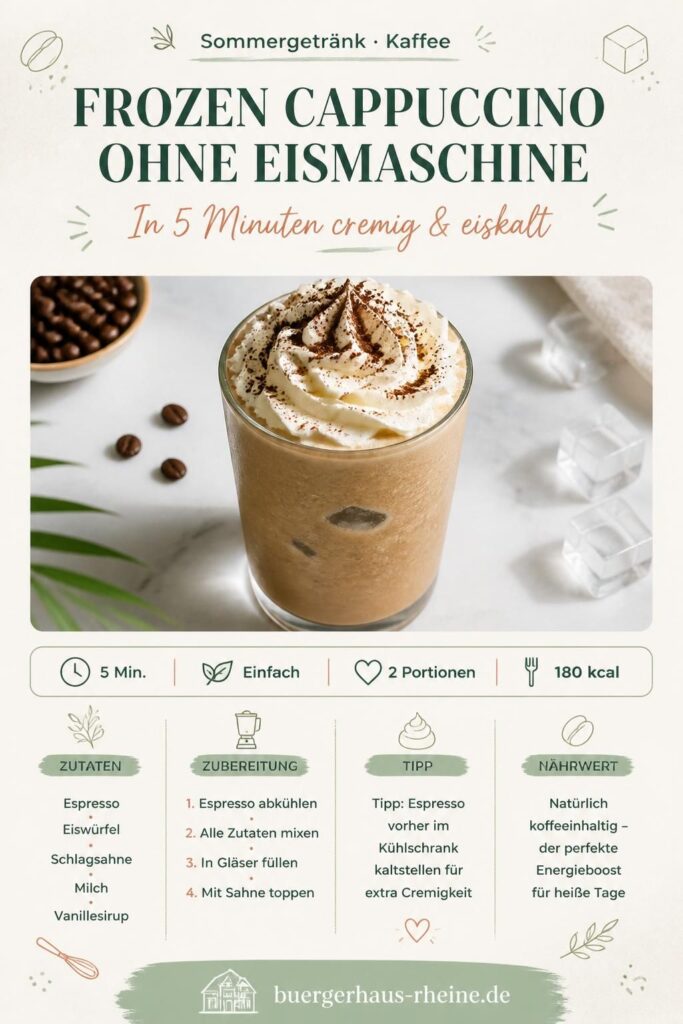 Frozen Cappuccino ohne Eismaschine in einem hohen Glas mit Schlagsahne, Pinterest-Rezeptbild