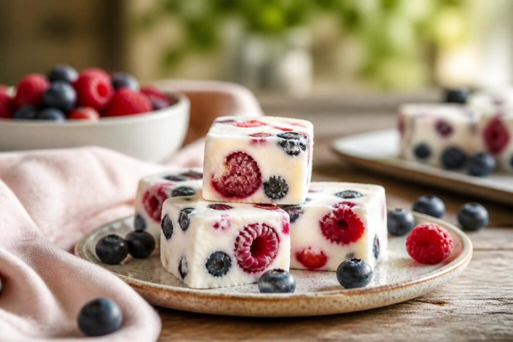 Gefrorene Joghurt-Beeren-Happen auf Backpapier mit Erdbeeren, Heidelbeeren und Himbeeren, von oben fotografiert auf hellem Untergrund