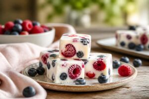 Gefrorene Joghurt-Beeren-Happen auf Backpapier mit Erdbeeren, Heidelbeeren und Himbeeren, von oben fotografiert auf hellem Untergrund
