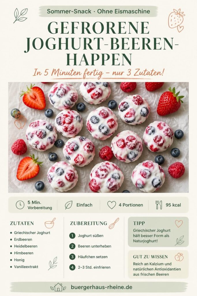 Gefrorene Joghurt-Beeren-Happen auf Backpapier mit frischen Beeren – Pinterest-Rezeptkarte