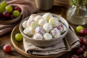Gefrorene Trauben mit Joghurt auf einem Backpapier angerichtet – frischer Sommer-Snack mit griechischem Joghurt und blauen Weintrauben