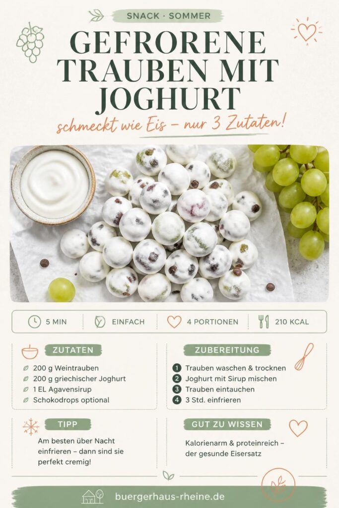 Gefrorene Trauben mit Joghurt auf Backpapier – Pinterest Rezeptkarte