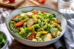 Kalter Hähnchen-Nudelsalat mit Pesto, Rucola, Cocktailtomaten und Pinienkernen in einer weißen Schüssel, von oben fotografiert