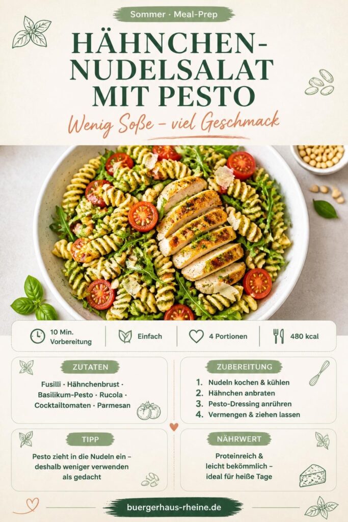 Kalter Hähnchen-Nudelsalat mit Pesto, Rucola und Cocktailtomaten – Pinterest-Rezeptkarte