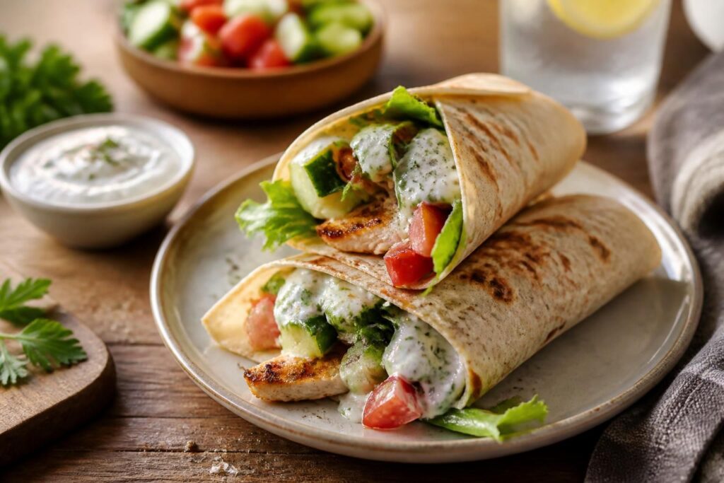 Hähnchen-Wraps mit cremiger Joghurtsoße, frischen Tomaten, Gurke und roter Zwiebel auf einem Holzbrett angerichtet