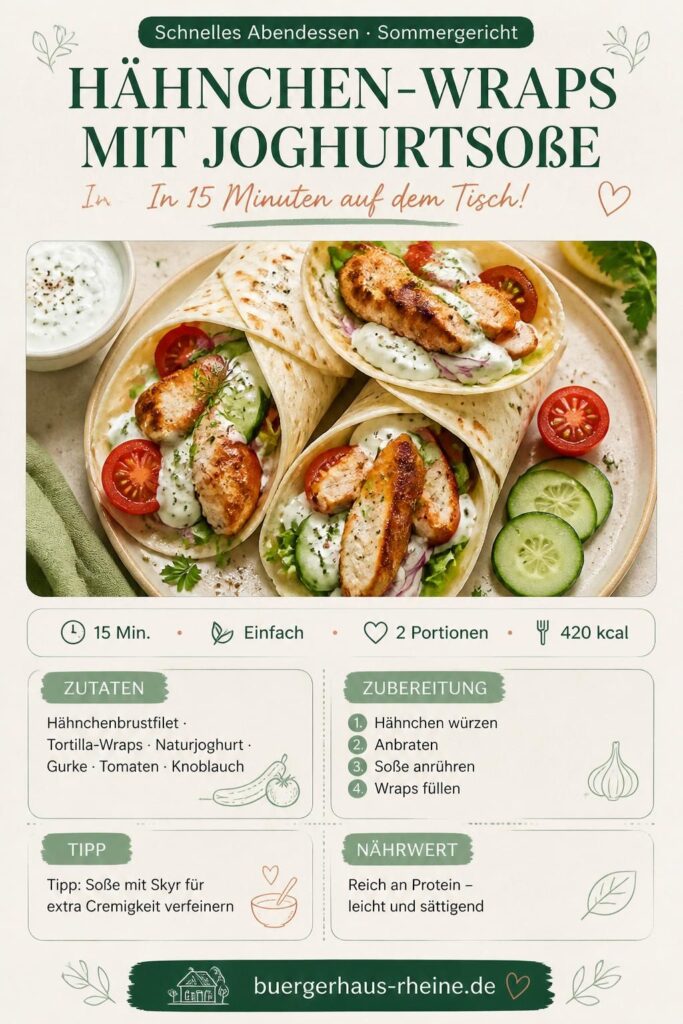 Hähnchen-Wraps mit Joghurtsoße – Pin-Bild für Pinterest