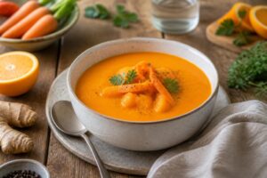 Kalte Möhren-Ingwer-Suppe mit Orange in einer weißen Schüssel, garniert mit frischem Ingwer und Orangenzesten, von oben fotografiert