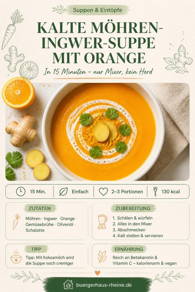 Kalte Möhren-Ingwer-Suppe mit Orange in einer weißen Schüssel, von oben fotografiert – Pinterest-Rezeptbild