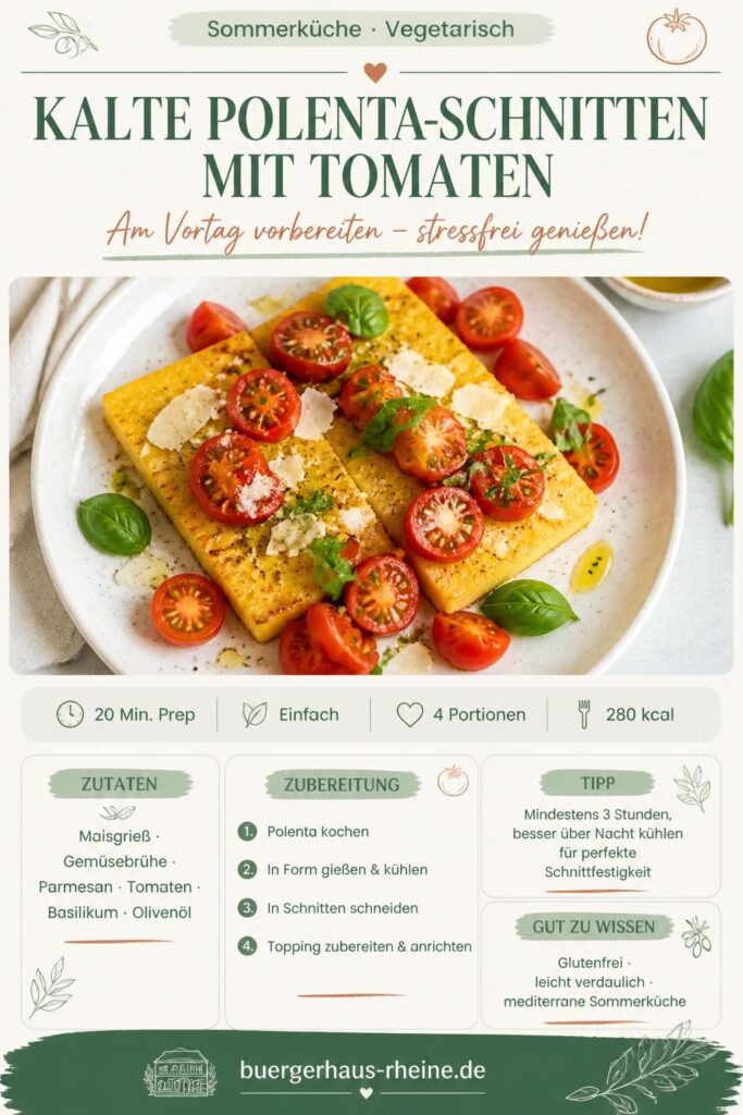 Kalte Polenta-Schnitten mit Tomaten und Basilikum auf einem weißen Teller, Pinterest-Rezept