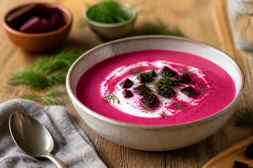 Kalte Rote-Bete-Suppe mit Joghurt in einer weißen Schüssel, garniert mit frischem Dill, Gurkenscheiben und Frühlingszwiebeln – Draufsicht auf hellem Holztisch