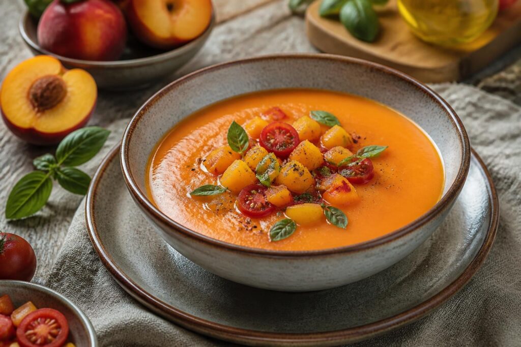 Kalte Tomaten-Pfirsich-Suppe in einer weißen Schüssel, garniert mit frischen Pfirsichstücken, Basilikumblättern und einem Spritzer Olivenöl – serviert auf einem Holzbrett im Sommer
