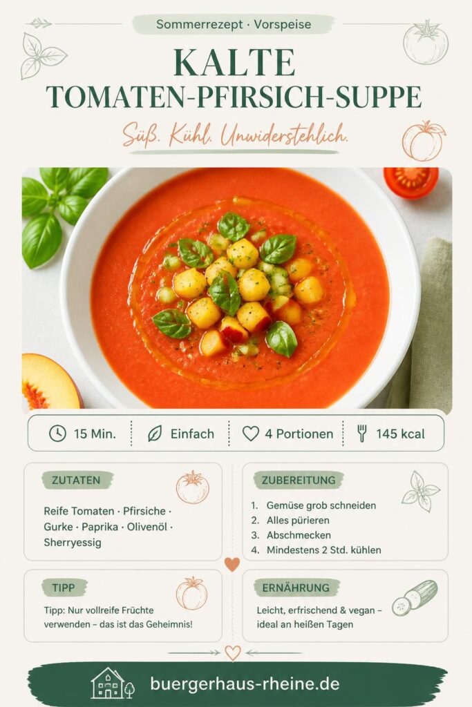 Kalte Tomaten-Pfirsich-Suppe in einer weißen Schale, garniert mit frischen Pfirsichstücken und Basilikum