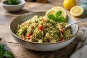 Kalter Bulgursalat mit Minze und Zitrone in einer weißen Schüssel, garniert mit frischen Kräutern und Zitronenscheiben