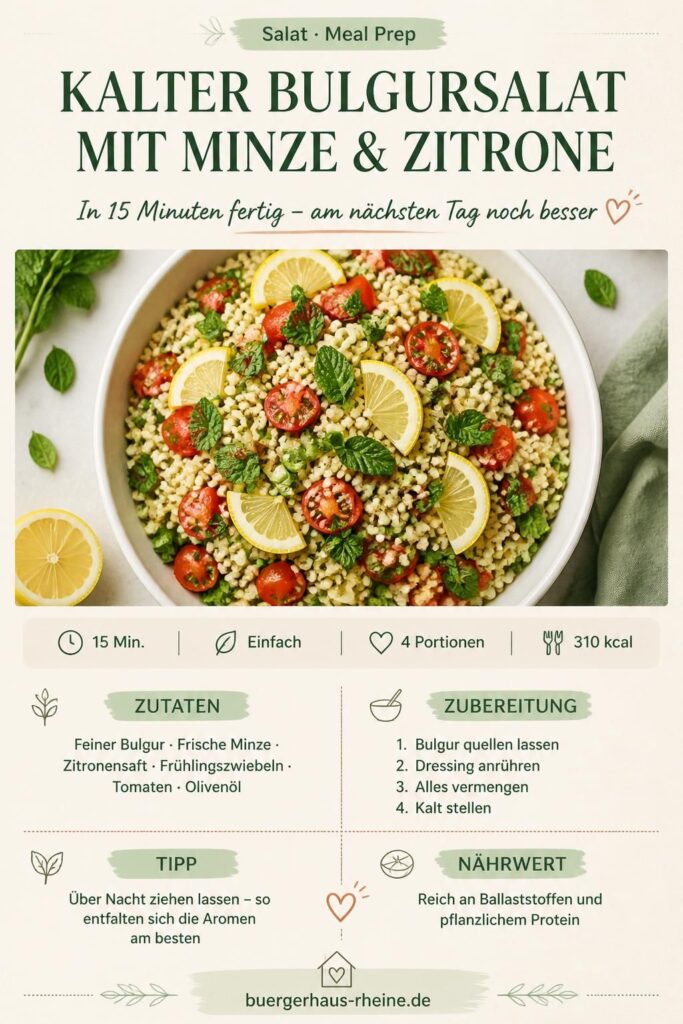 Kalter Bulgursalat mit Minze und Zitrone in einer weißen Schüssel – Pinterest-Rezeptkarte
