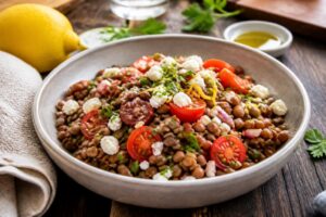 Kalter Linsensalat mit Tomaten, Feta und frischer Petersilie in einer hellen Schüssel, beträufelt mit Zitronensaft und Olivenöl