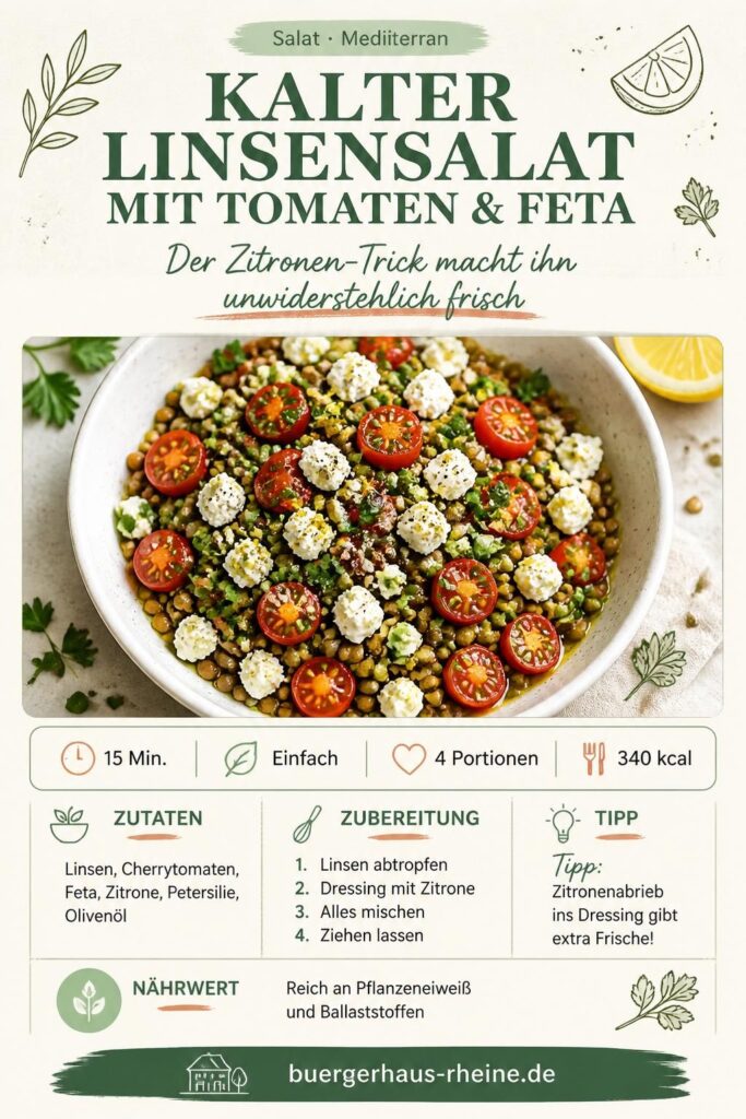 Kalter Linsensalat mit Tomaten, Feta und Zitronen-Dressing – Pinterest-Rezeptkarte
