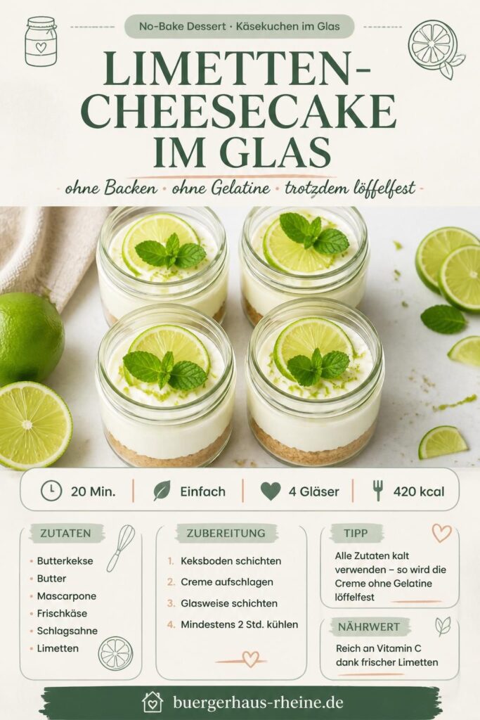 Limetten-Cheesecake im Glas ohne Backen ohne Gelatine – Pinterest Rezeptkarte