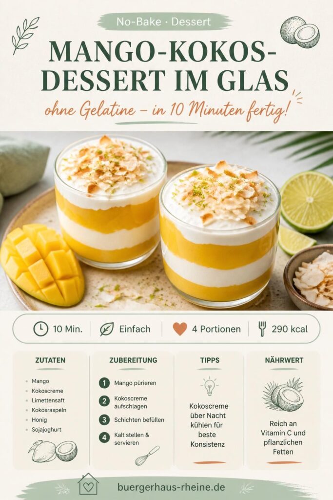 Mango-Kokos-Dessert im Glas ohne Gelatine: cremige Schichten aus Mangopüree und Kokoscreme