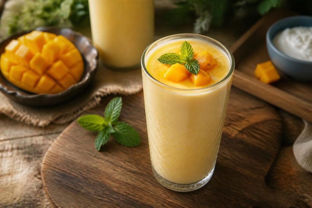 Cremiger Mango-Lassi ohne Zucker im hohen Glas, garniert mit Mangostreifen und einer Prise Kardamom, auf hellem Holztisch