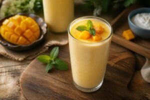 Cremiger Mango-Lassi ohne Zucker im hohen Glas, garniert mit Mangostreifen und einer Prise Kardamom, auf hellem Holztisch