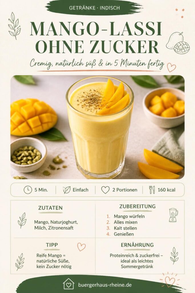 Mango-Lassi ohne Zucker im hohen Glas, cremig und natürlich süß, Pinterest-Rezeptkarte