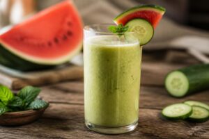 Melonen-Gurken-Smoothie ohne Zucker im Glas mit frischer Minze und Limettenscheibe auf hellem Holztisch
