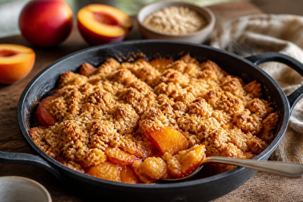 Nektarinen-Crumble aus der Pfanne mit goldbraunen Haferflocken-Streuseln und karamellisierten Nektarinen, serviert mit einer Kugel Vanilleeis