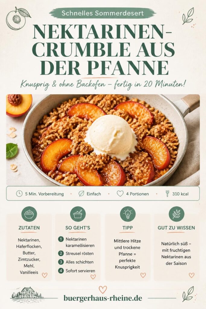 Nektarinen-Crumble aus der Pfanne mit knusprigen Haferflocken-Streuseln und Vanilleeis – ohne Backofen